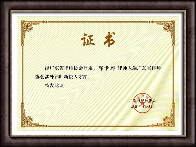 入广东省律师协会涉外律师新锐人才库